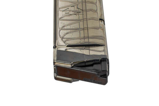 ETS extended 9mm magazine for the S&W Shield holds 12 rounds and has crack resistant feed lips.